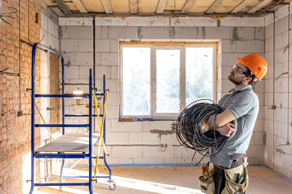 An electrician in a hard hat looks at the wall while holding an electric cable.